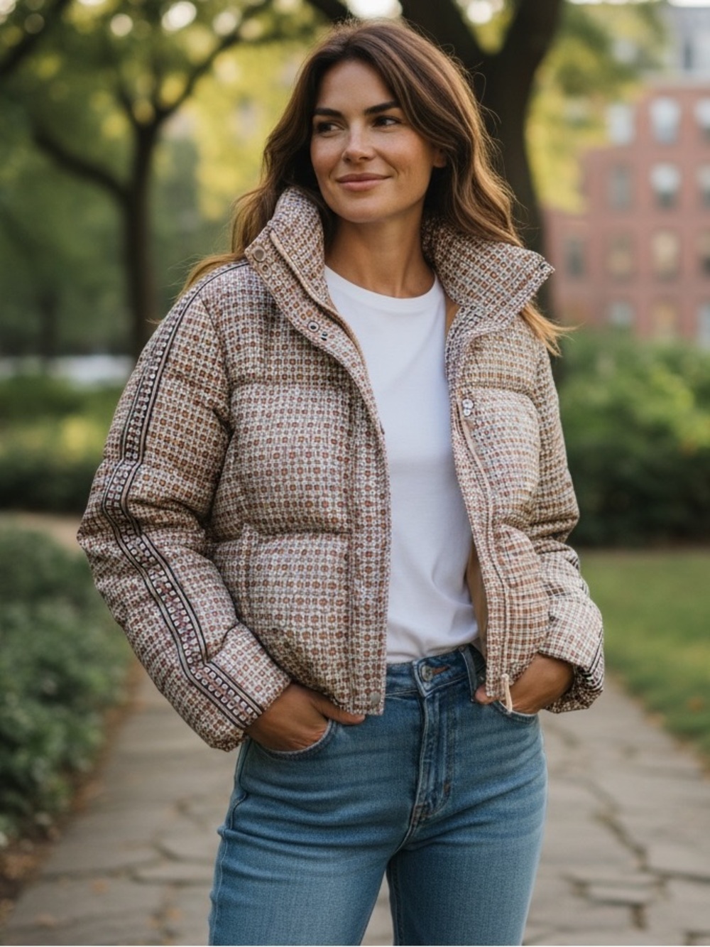 Max Studio Midcentury Modern Print Quilted Puffer Jacket M